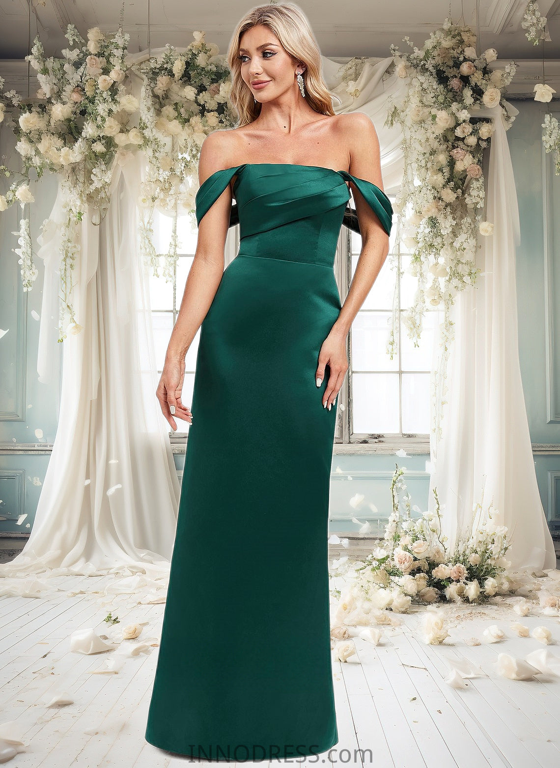 Janey Sheath/Column Off the Shoulder Floor-Length Satin Bridesmaid Dress DPP0025815