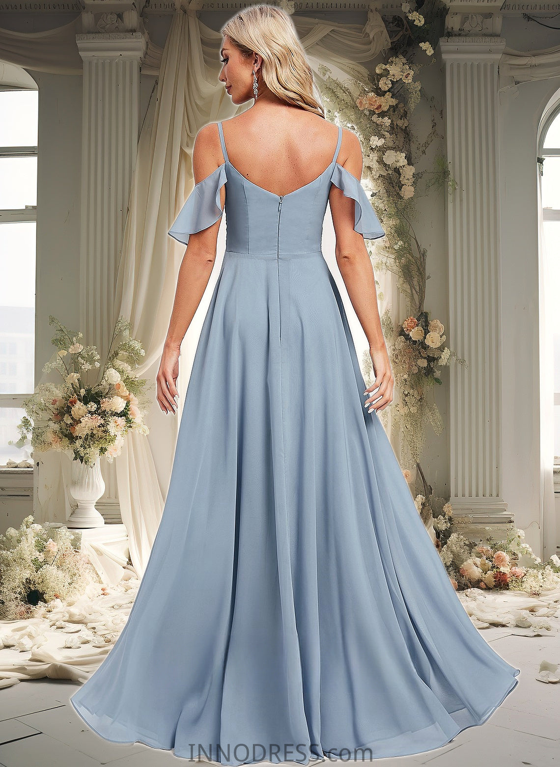 Valeria A-line Cold Shoulder Floor-Length Chiffon Bridesmaid Dress With Ruffle DPP0025797