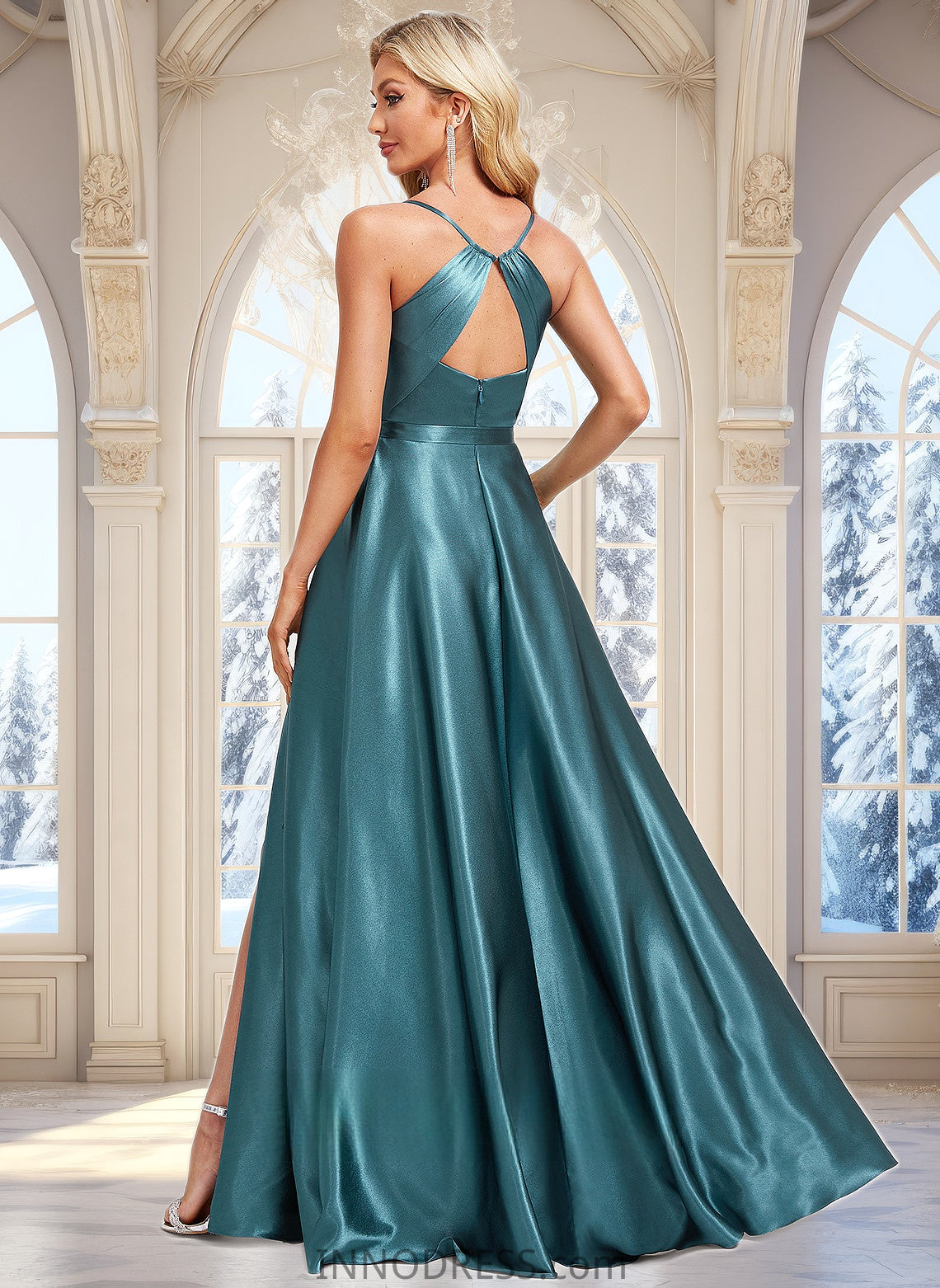 Joyce A-line Cowl Floor-Length Stretch Satin Bridesmaid Dress With Ruffle DPP0025781