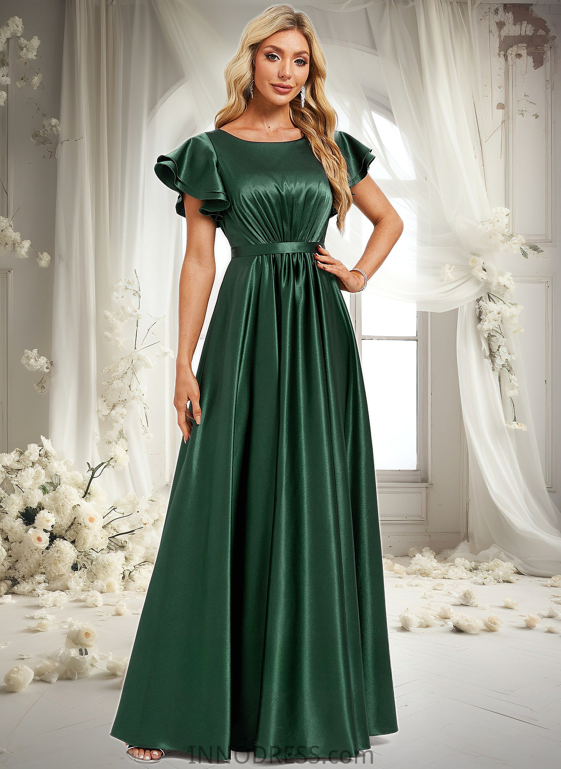 Amaya A-line Scoop Floor-Length Stretch Satin Bridesmaid Dress With Ruffle DPP0025770