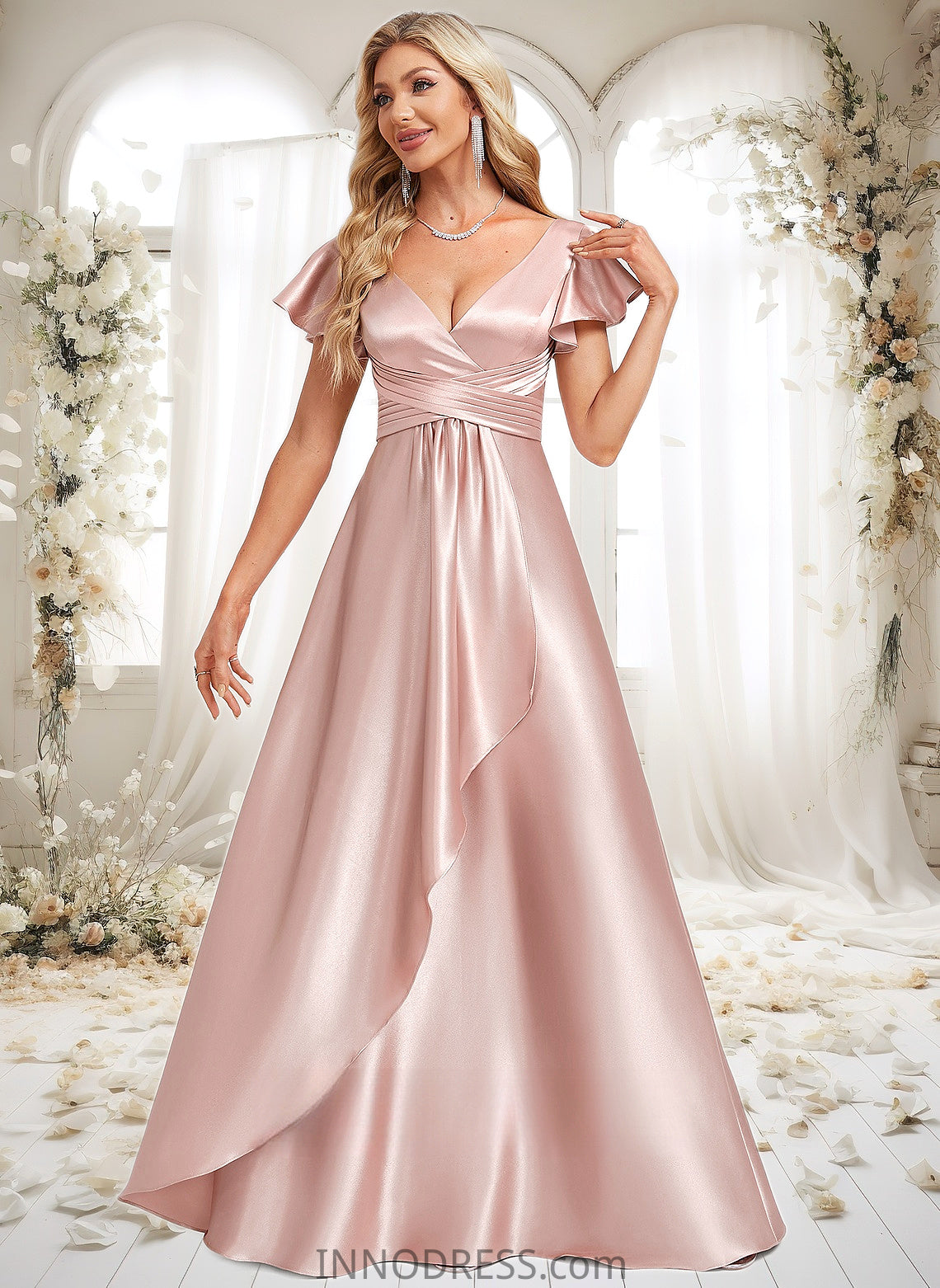 Tamara A-line V-Neck Floor-Length Stretch Satin Bridesmaid Dress With Ruffle DPP0025787