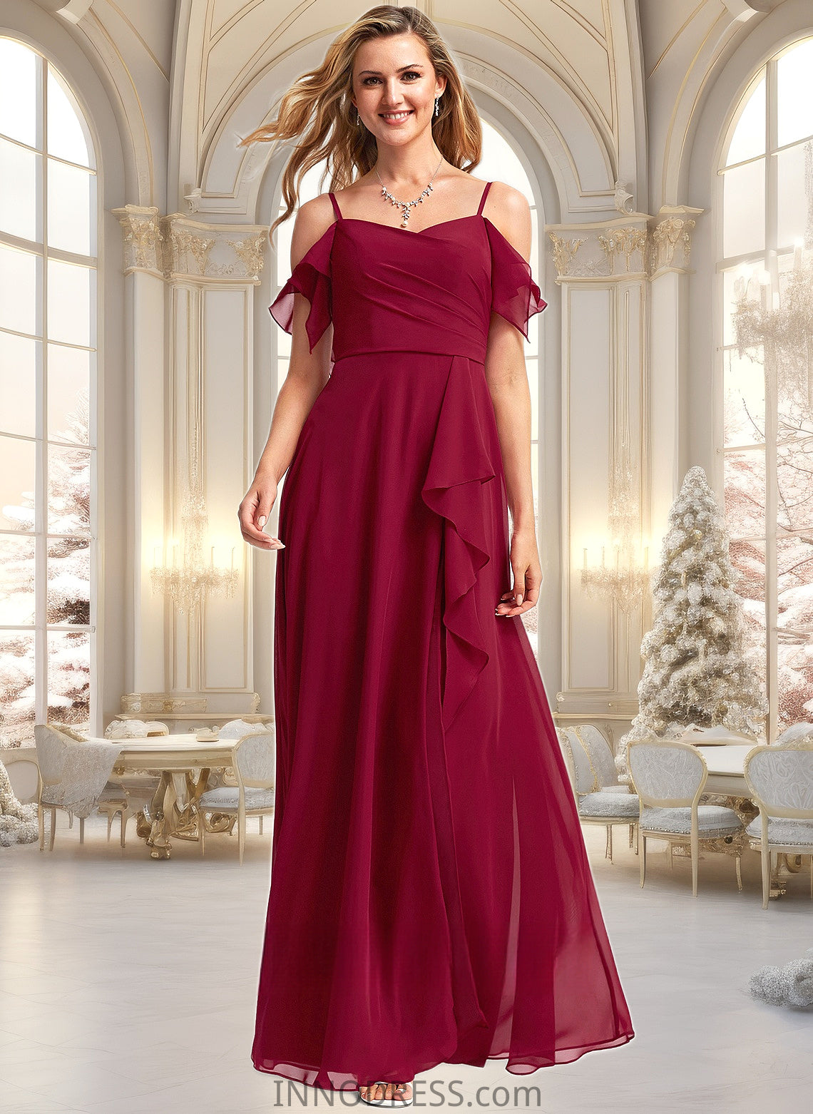 Jaida A-line Cold Shoulder Floor-Length Chiffon Bridesmaid Dress With Ruffle DPP0025755