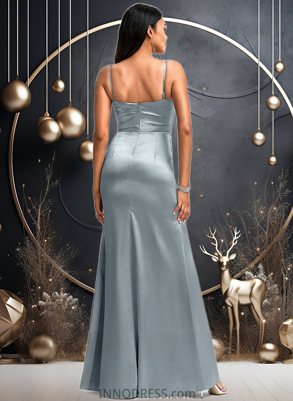 Celeste A-line V-Neck Floor-Length Stretch Satin Bridesmaid Dress DPP0025728