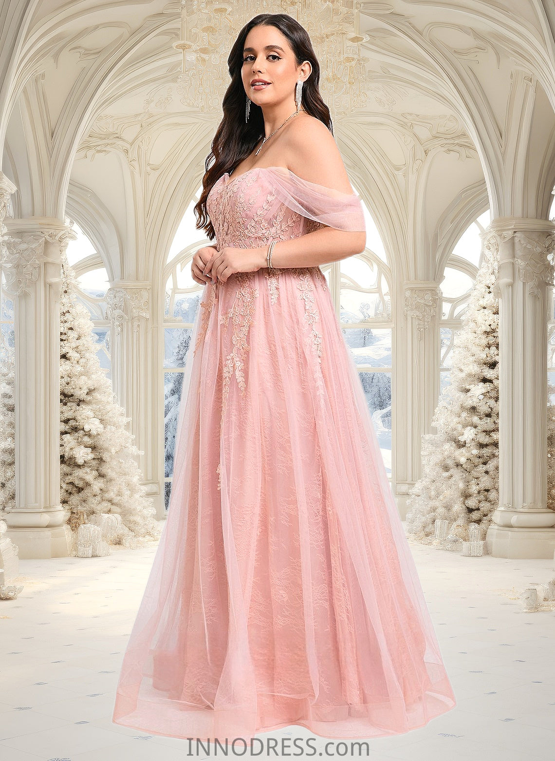 Cailyn A-line Sweetheart Off the Shoulder Floor-Length Tulle Floral Lace Prom Dresses With Appliques Lace DPP0025870