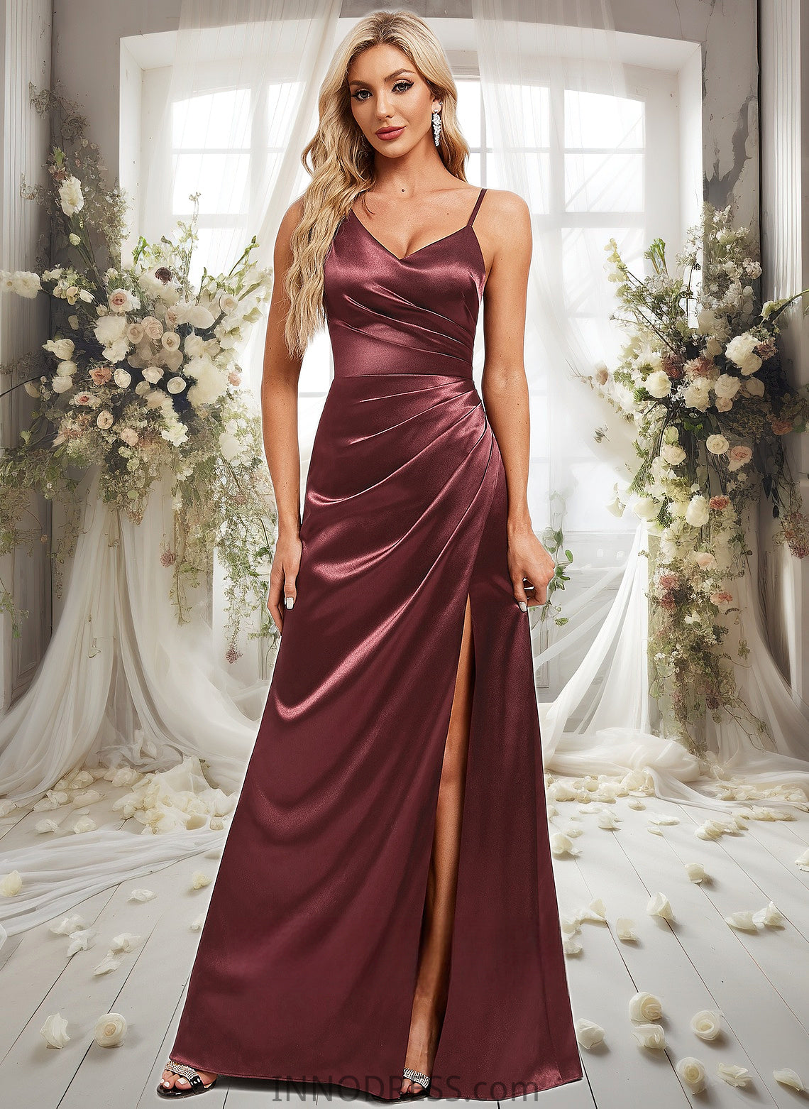 Ally A-line Asymmetrical Floor-Length Stretch Satin Bridesmaid Dress DPP0025828