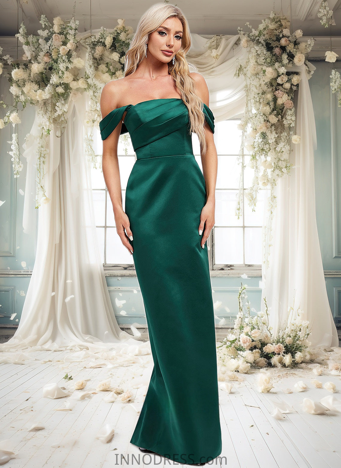 Janey Sheath/Column Off the Shoulder Floor-Length Satin Bridesmaid Dress DPP0025815