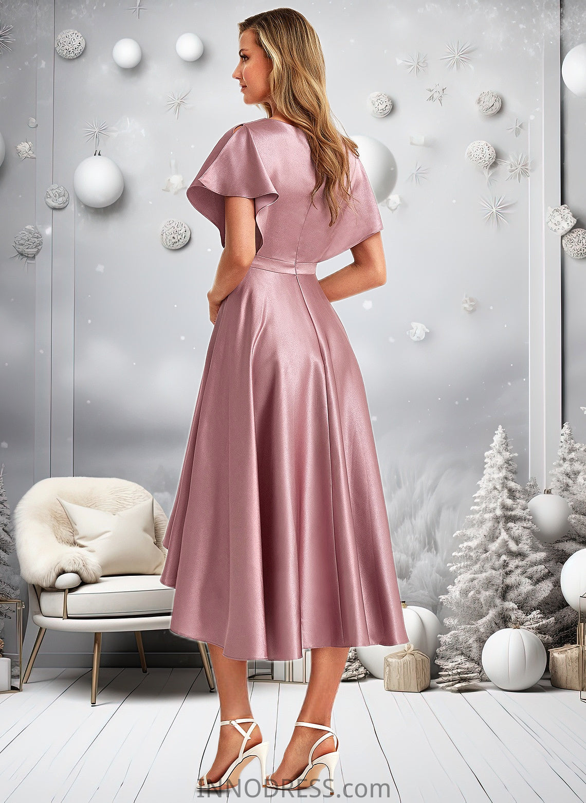 Lori A-line V-Neck Asymmetrical Stretch Satin Bridesmaid Dress DPP0025752