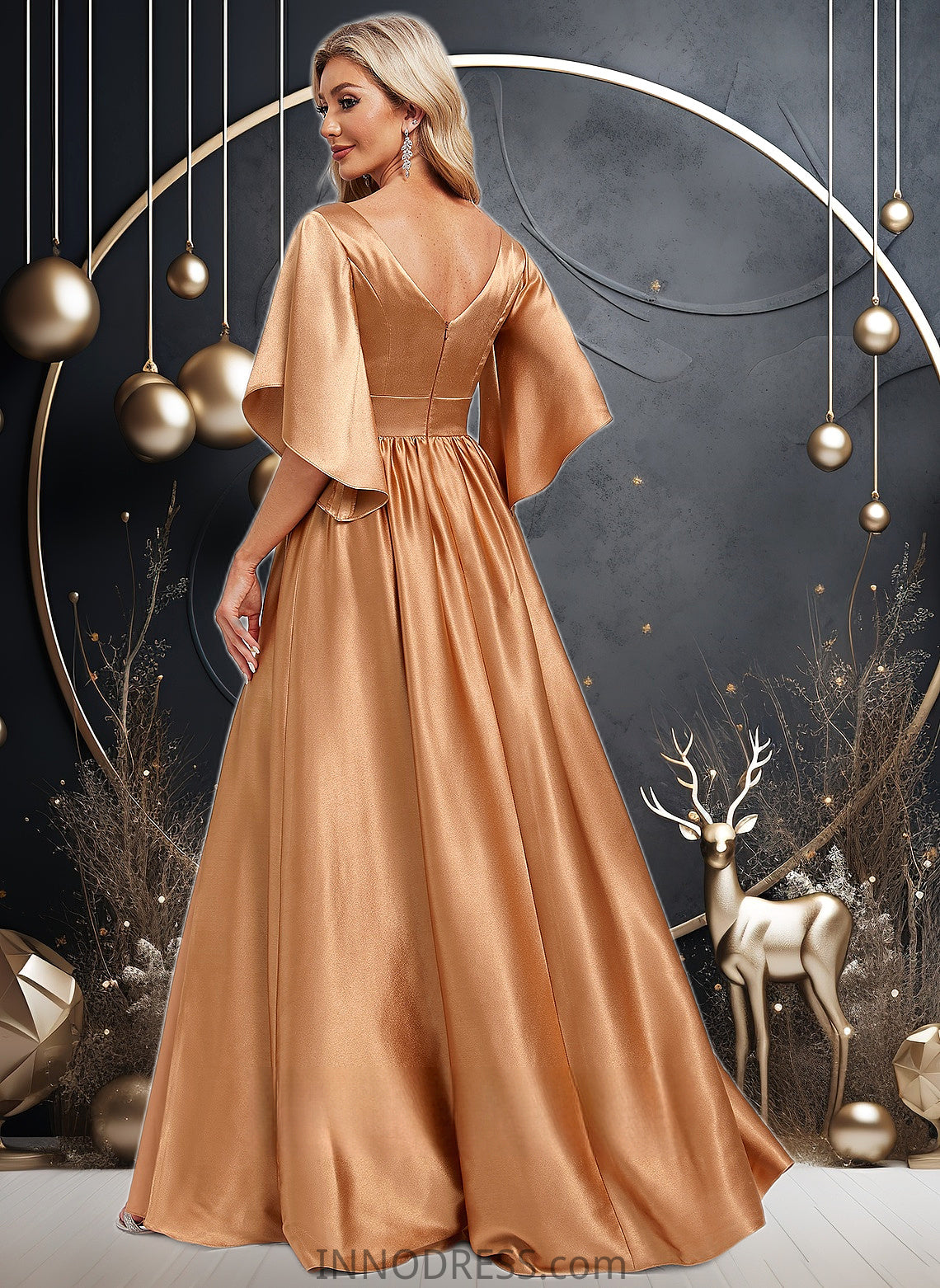 Hope A-line V-Neck Floor-Length Stretch Satin Bridesmaid Dress DPP0025793