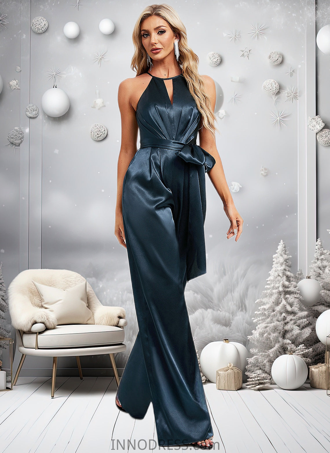 Grace Jumpsuit/Pantsuit Halter Floor-Length Stretch Satin Bridesmaid Dress DPP0025805