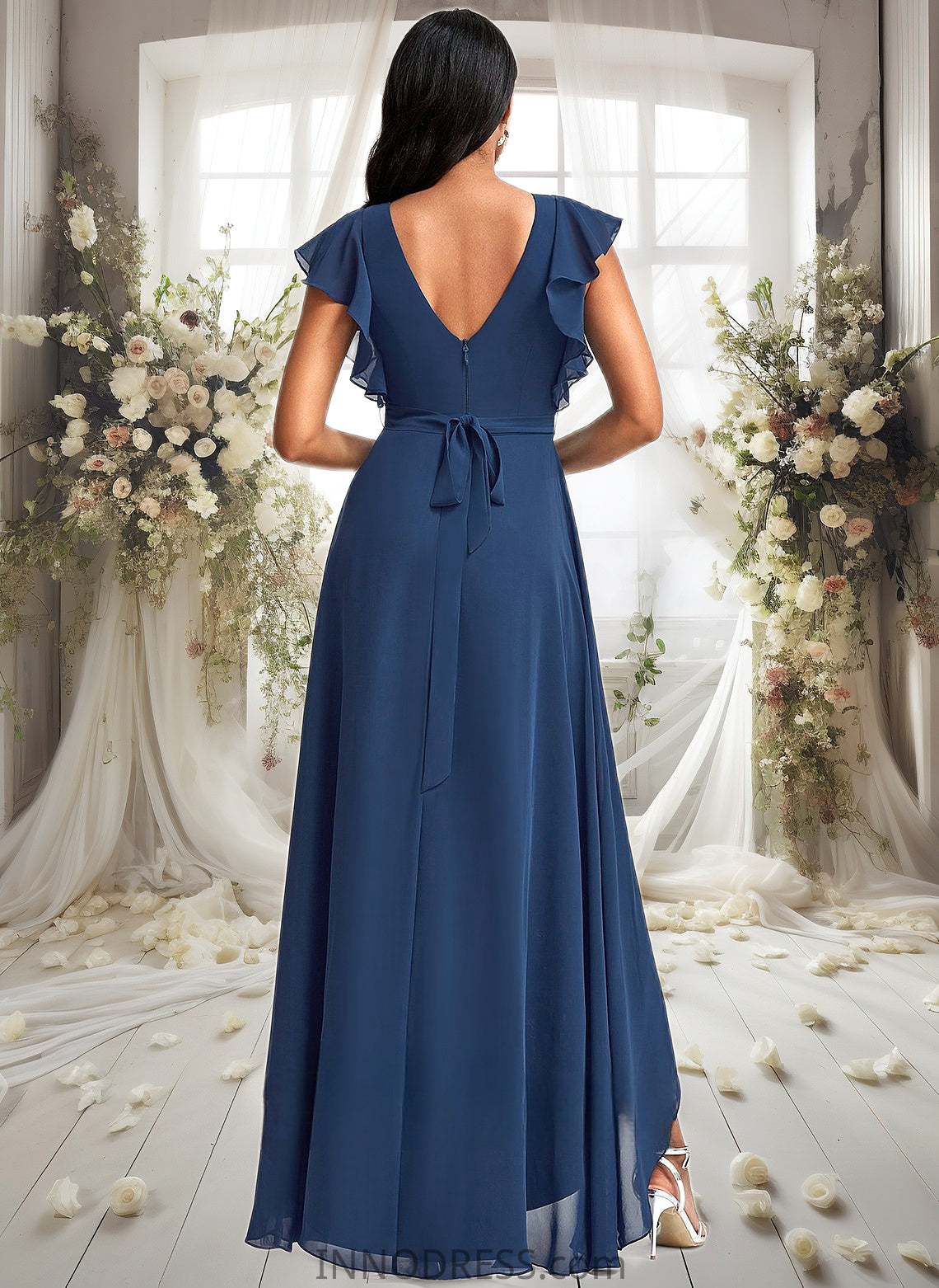 Priscilla A-line V-Neck Asymmetrical Chiffon Bridesmaid Dress With Ruffle DPP0025733