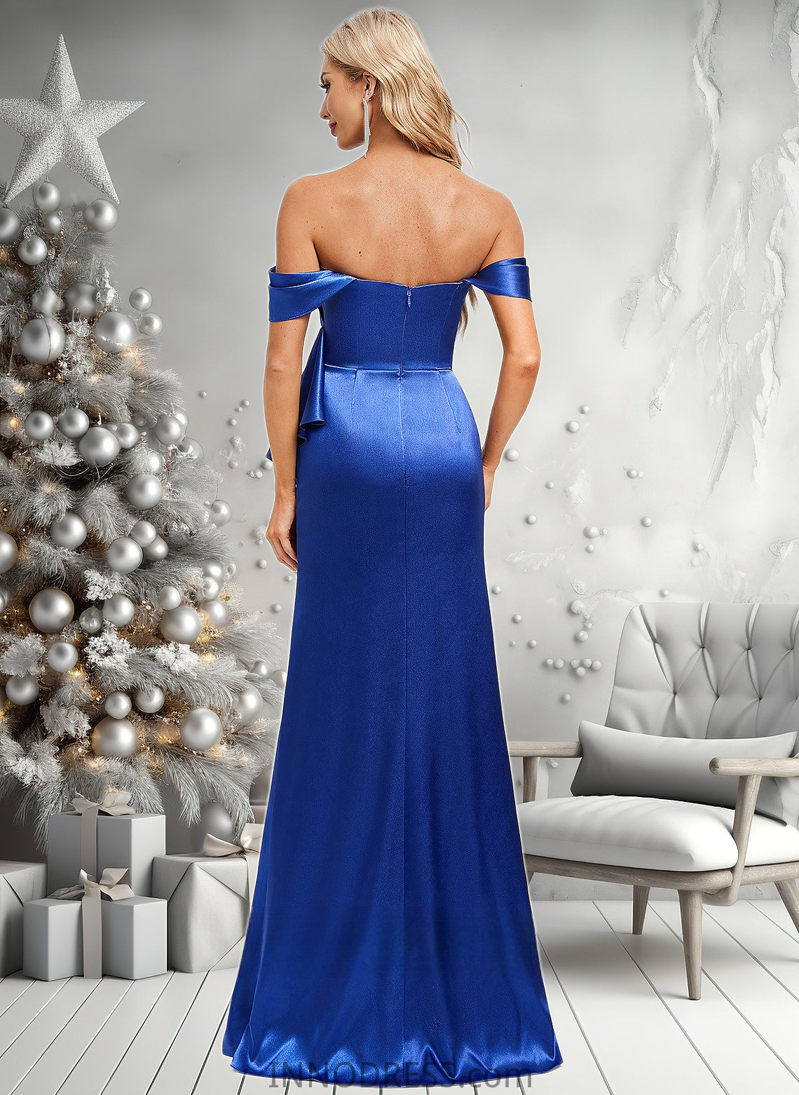 Mikaela Trumpet/Mermaid Off the Shoulder Floor-Length Stretch Satin Bridesmaid Dress With Ruffle DPP0025800