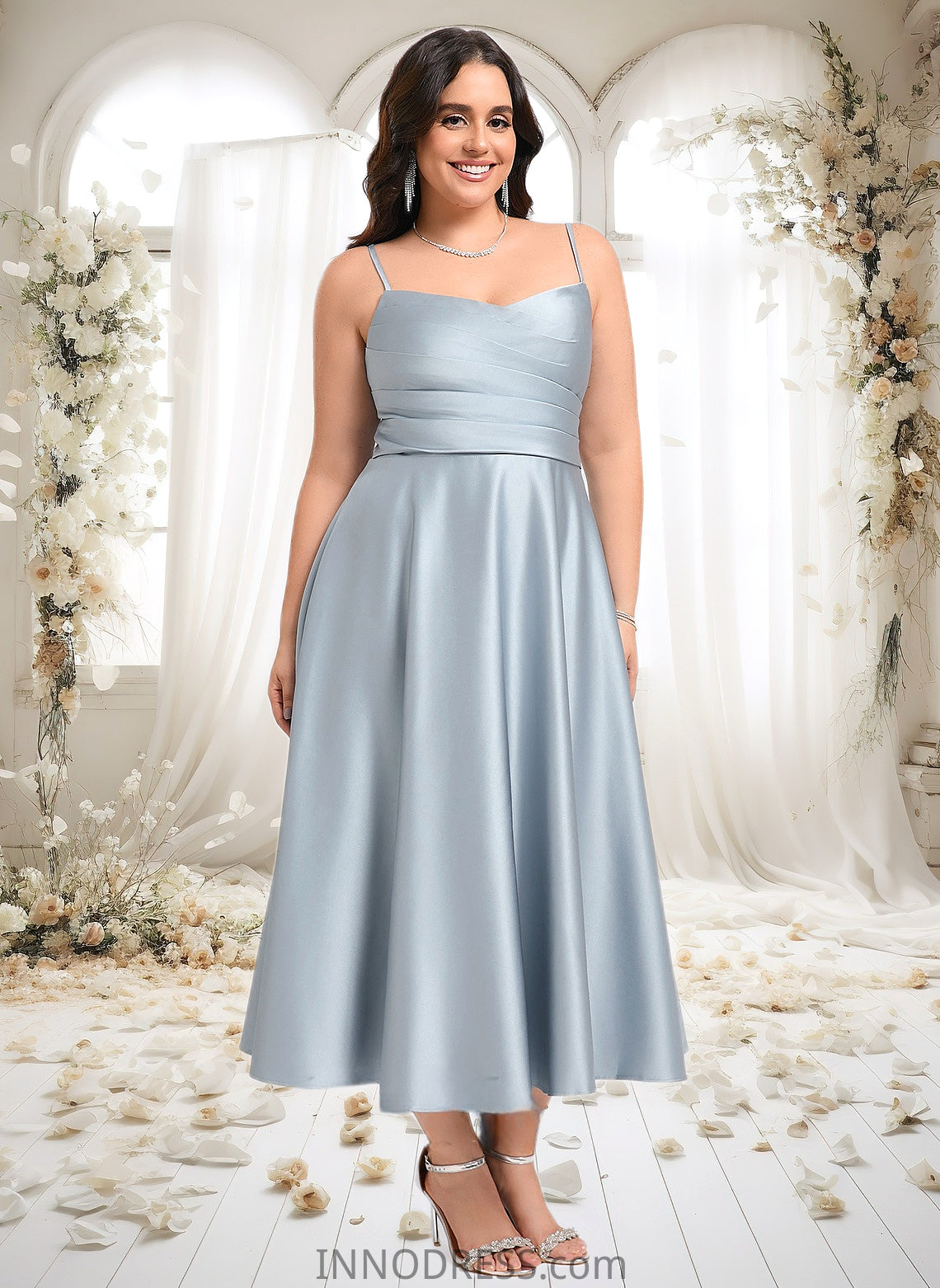 Brenda A-line V-Neck Tea-Length Satin Bridesmaid Dress DPP0025794