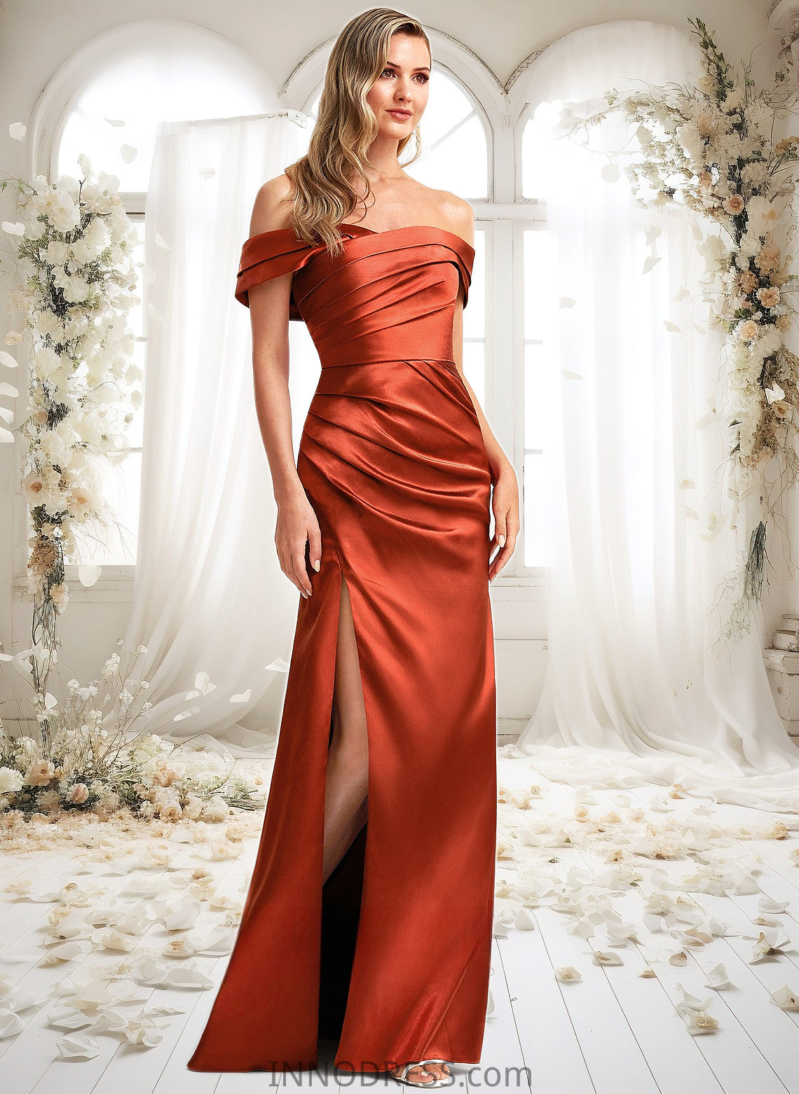 Ruth A-line Off the Shoulder Floor-Length Stretch Satin Bridesmaid Dress DPP0025757