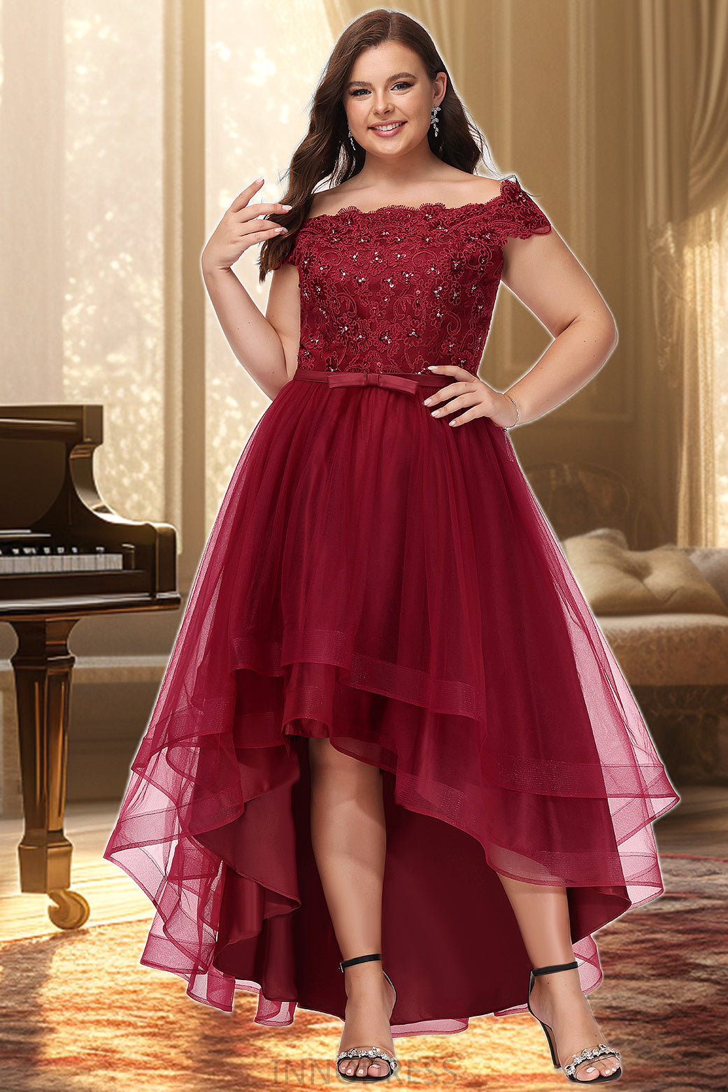 Brynlee A-line Off the Shoulder Asymmetrical Lace Tulle Homecoming Dress With Beading Bow Sequins DPP0020535