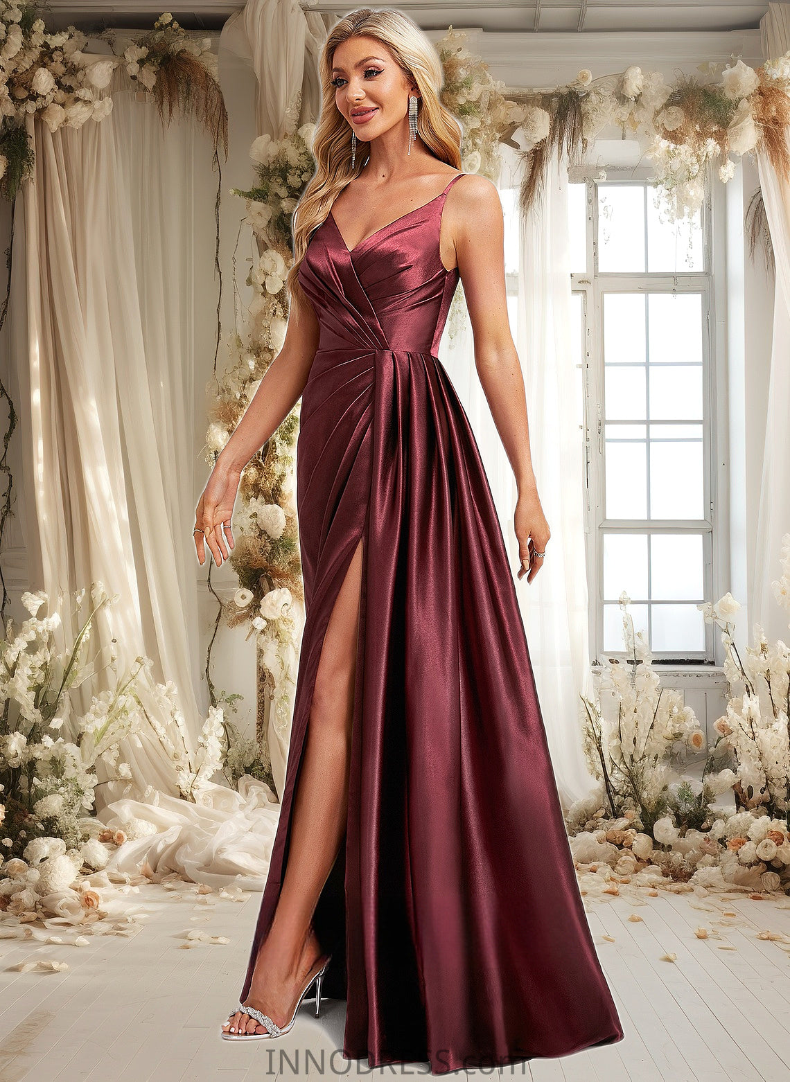 Heaven A-line V-Neck Floor-Length Stretch Satin Bridesmaid Dress With Ruffle DPP0025785