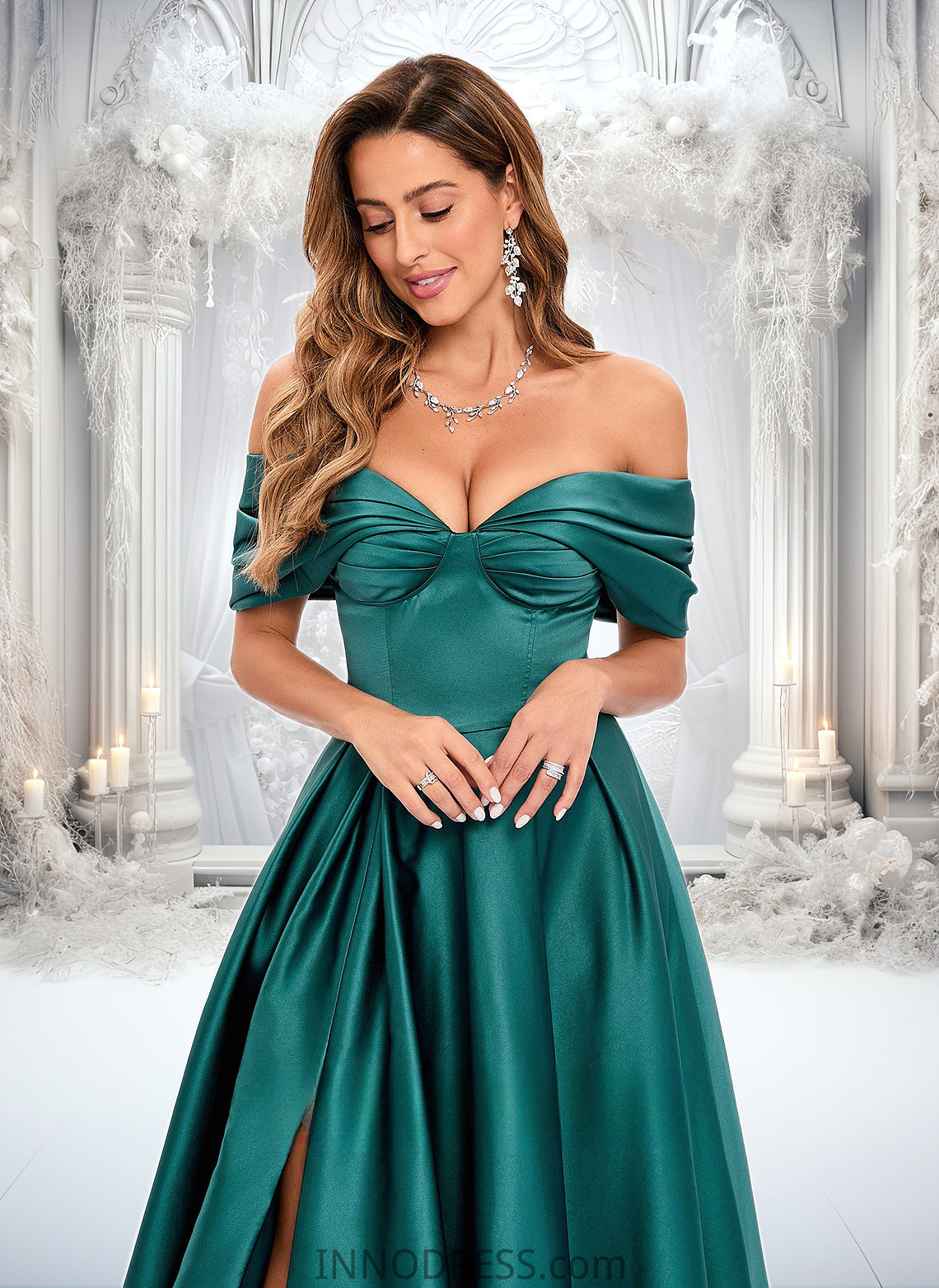 Iris A-line Off the Shoulder Floor-Length Satin Prom Dresses With Pleated DPP0025851