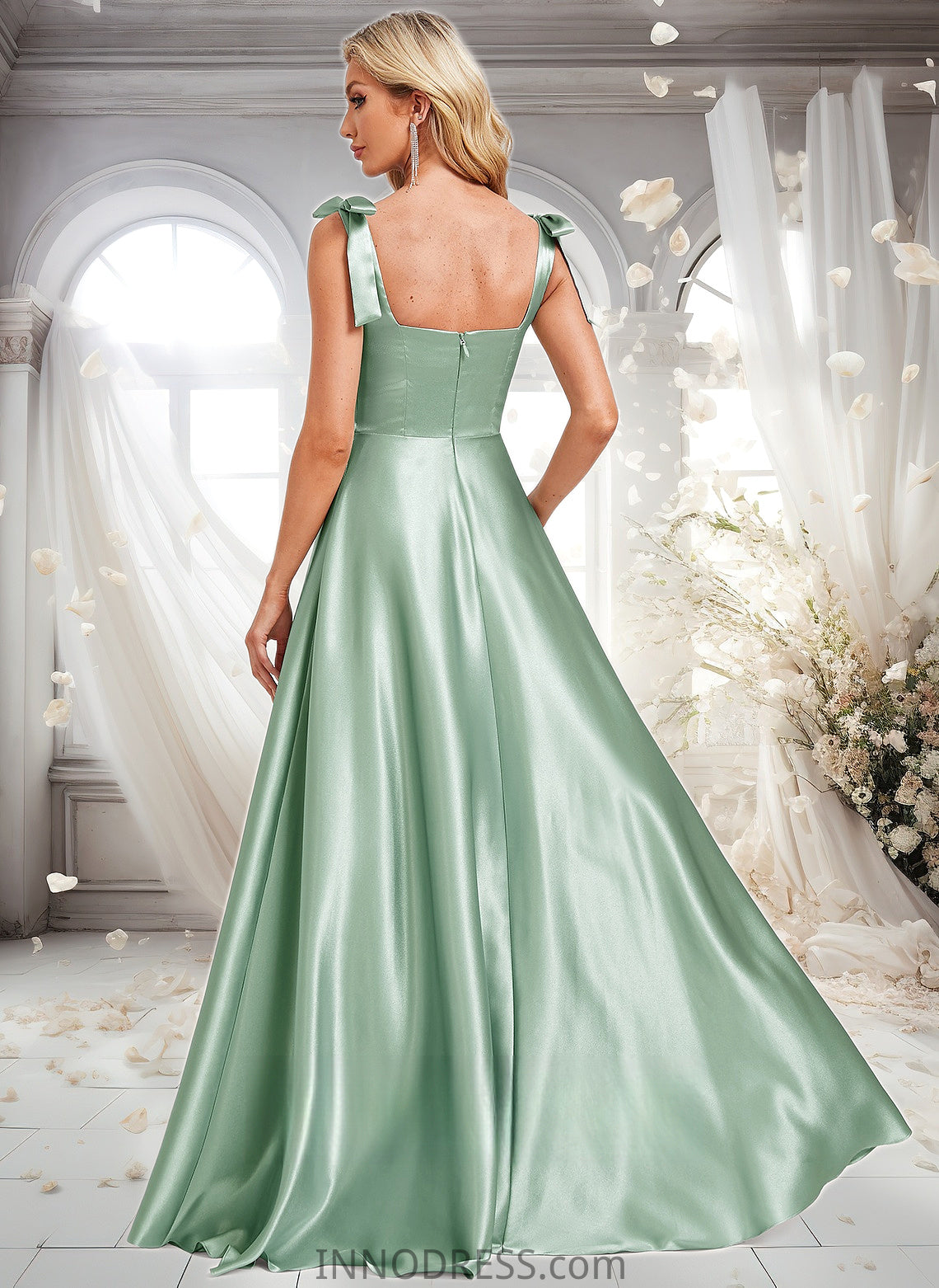 Kaelyn A-line Square Floor-Length Stretch Satin Bridesmaid Dress With Bow DPP0025788