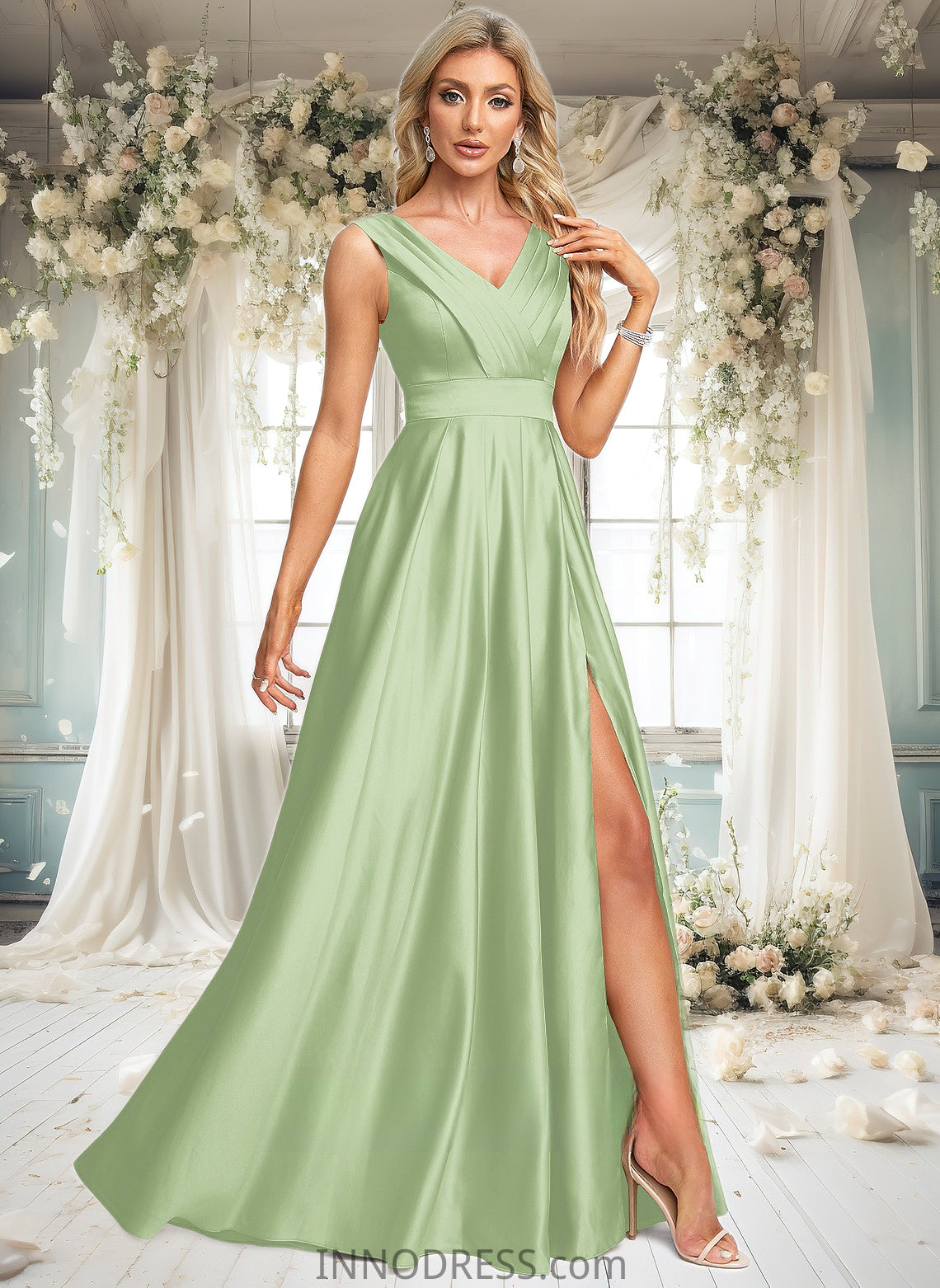 Paula A-line V-Neck Floor-Length Satin Prom Dresses DPP0025877