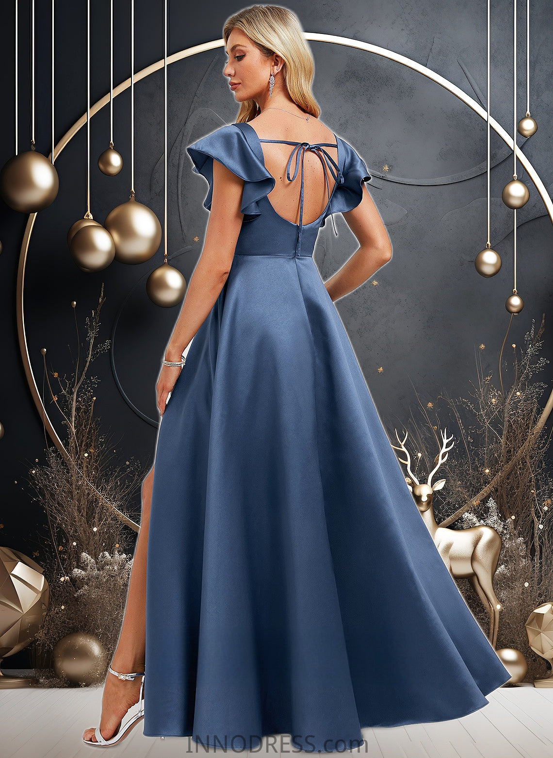 Luz A-line Square Floor-Length Satin Bridesmaid Dress With Ruffle DPP0025774