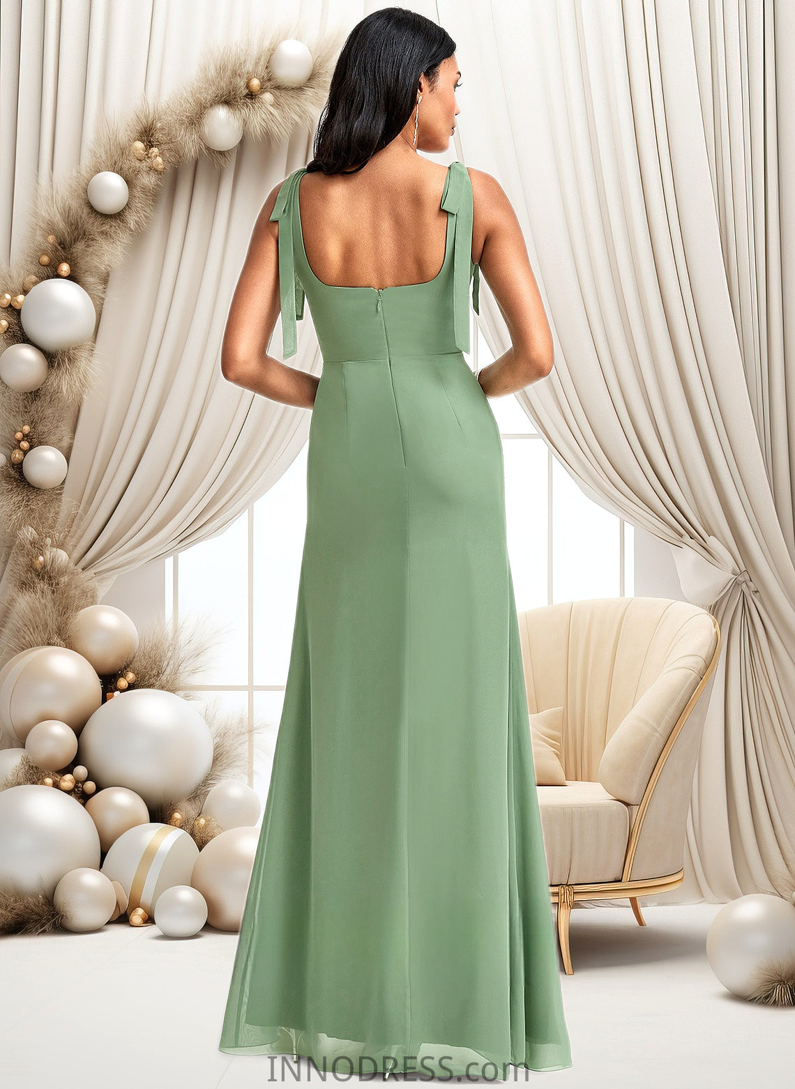 Ciara A-line Square Floor-Length Chiffon Bridesmaid Dress With Bow DPP0025740