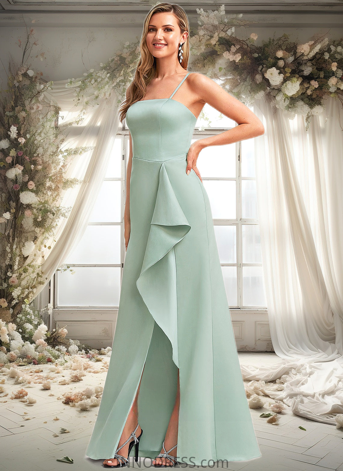 Desirae A-line Square Floor-Length Satin Bridesmaid Dress With Ruffle DPP0025736