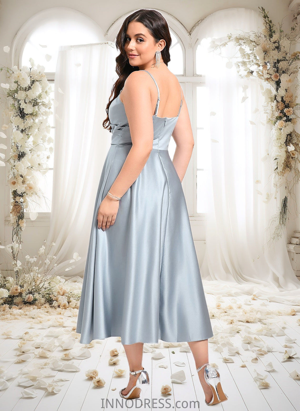 Brenda A-line V-Neck Tea-Length Satin Bridesmaid Dress DPP0025794