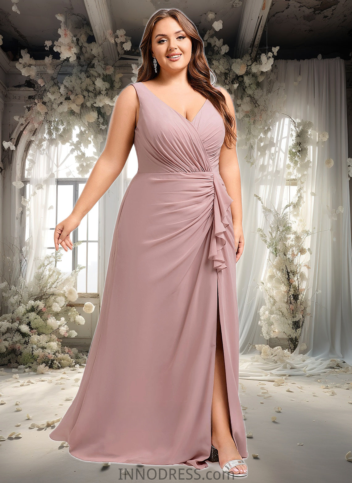 Fatima A-line V-Neck Floor-Length Chiffon Bridesmaid Dress DPP0025820