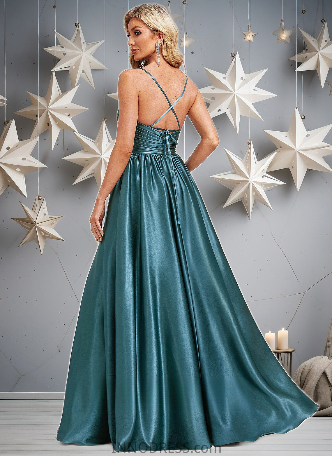 Yasmin A-line V-Neck Floor-Length Stretch Satin Bridesmaid Dress DPP0025786