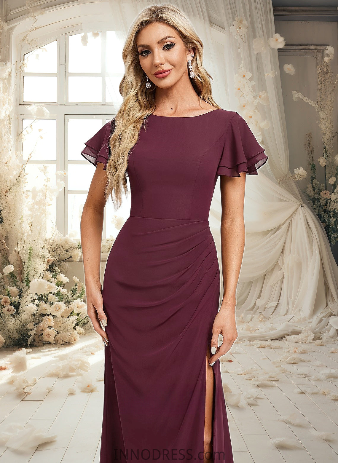 Camila A-line Boat Neck Floor-Length Chiffon Bridesmaid Dress With Ruffle DPP0025827