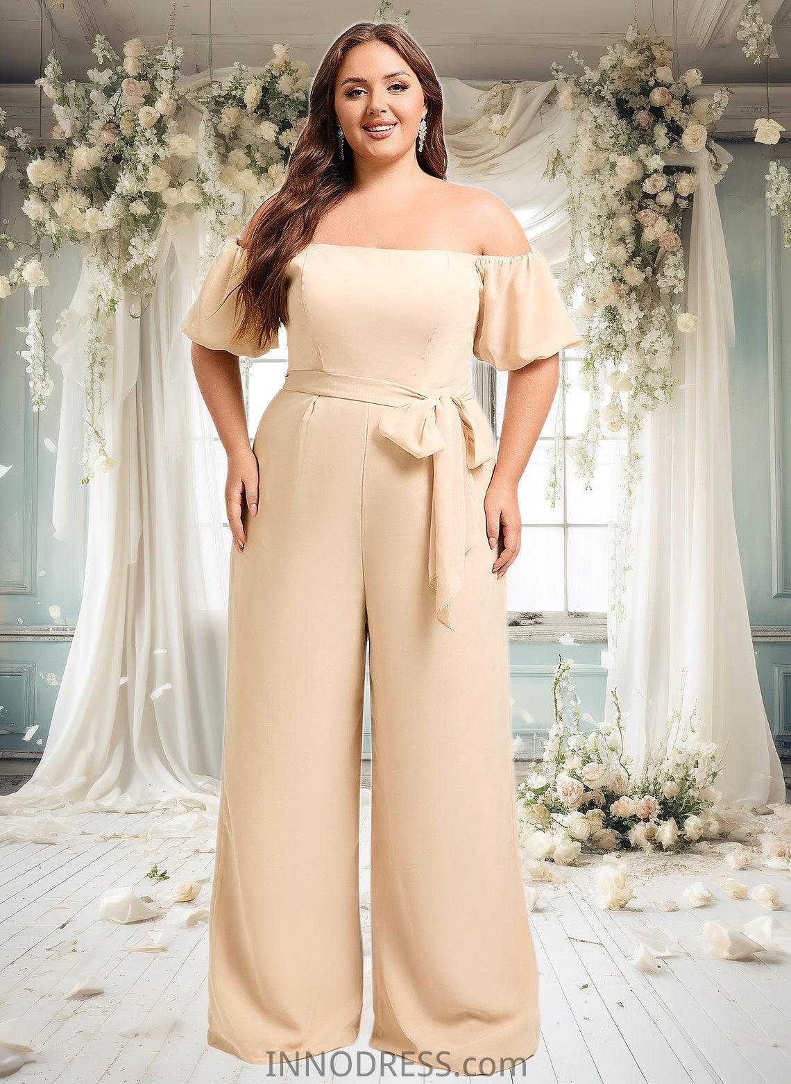 Gertrude Jumpsuit/Pantsuit Off the Shoulder Square Floor-Length Chiffon Bridesmaid Dress DPP0025791