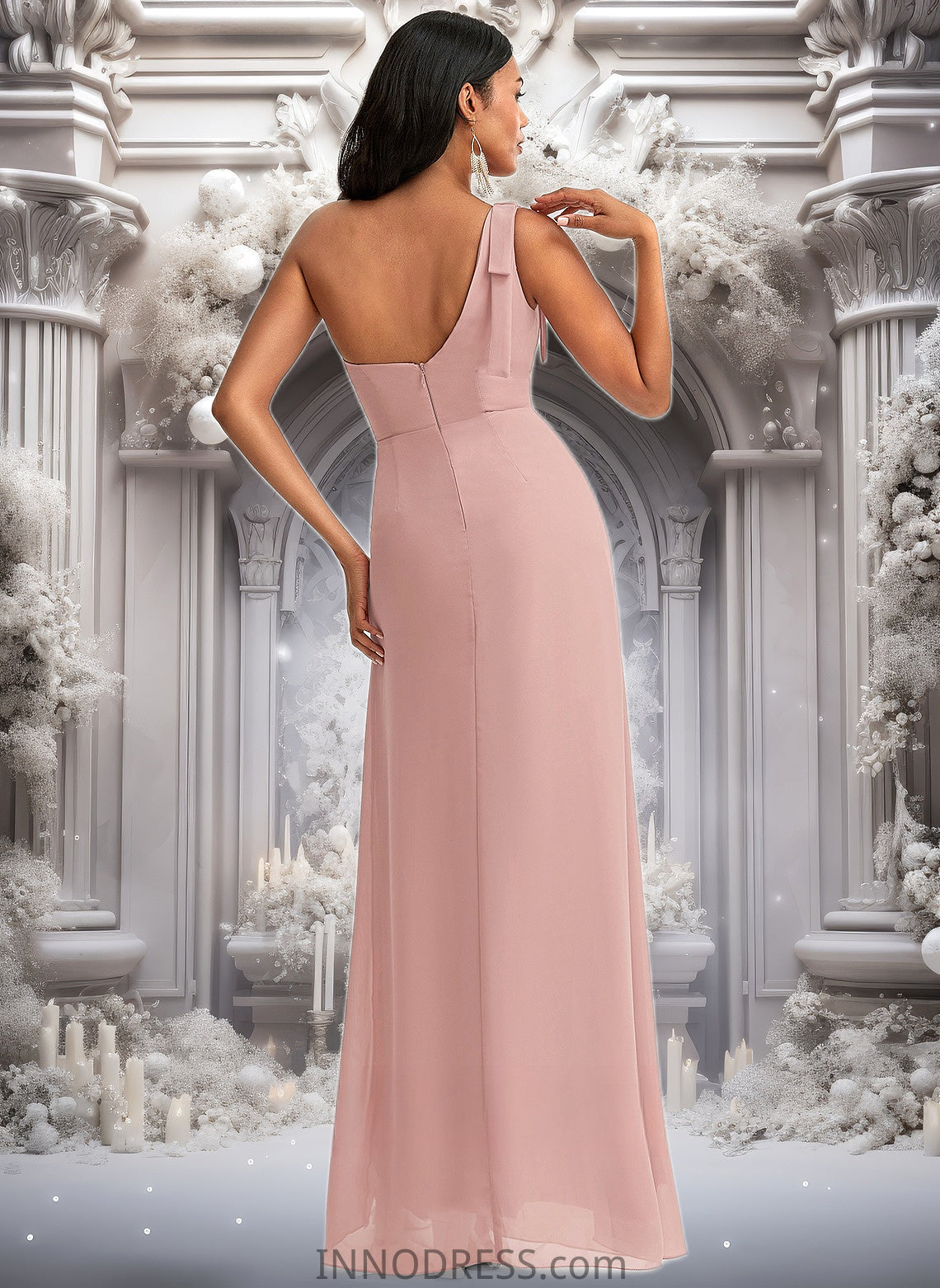 Helena A-line One Shoulder Floor-Length Chiffon Bridesmaid Dress With Bow DPP0025748