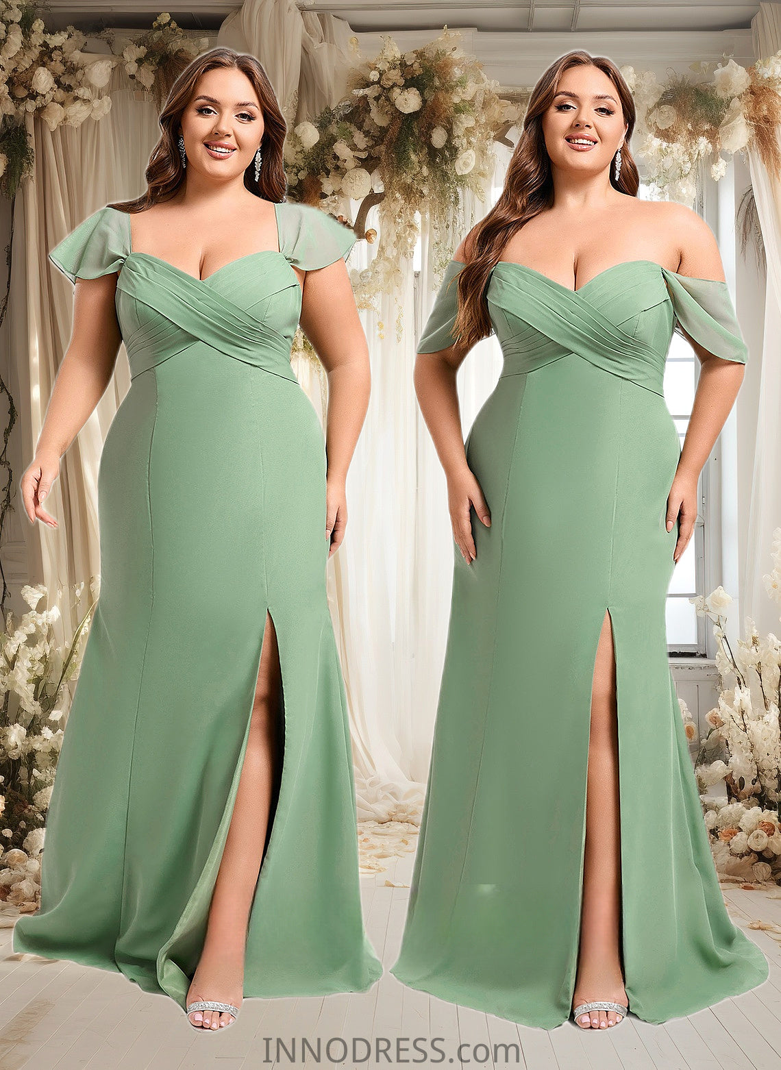 Lesley Trumpet/Mermaid Off the Shoulder V-Neck Floor-Length Chiffon Bridesmaid Dress DPP0025810