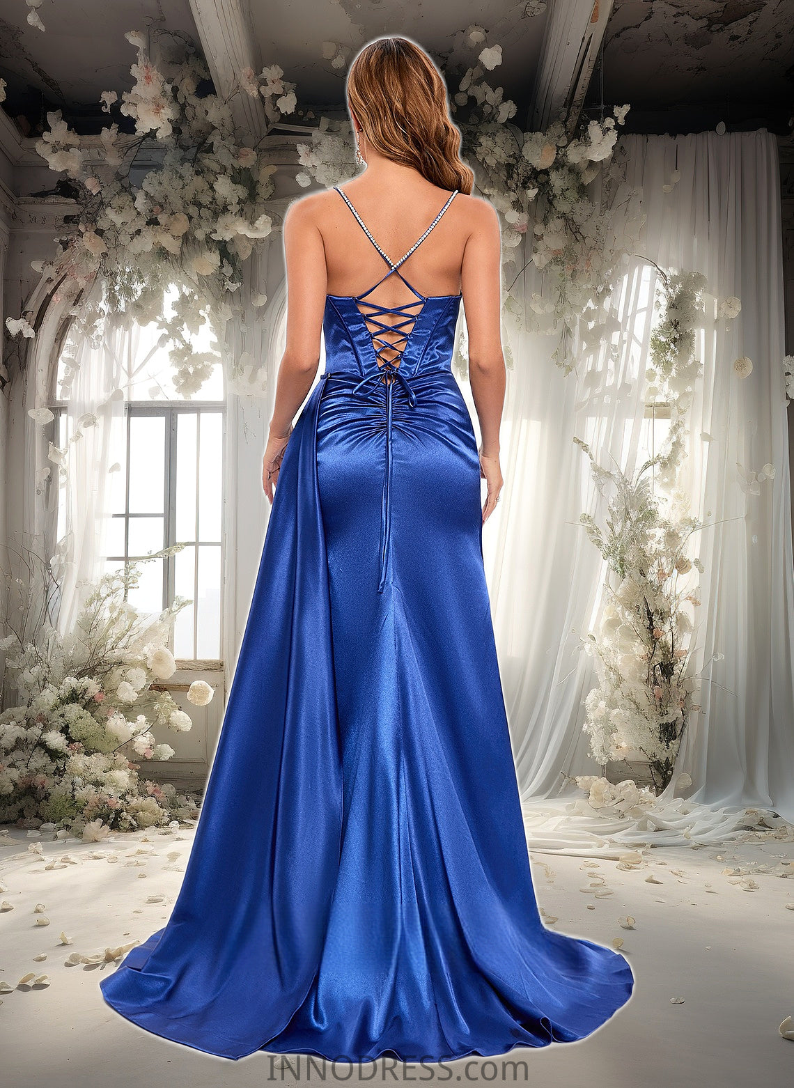 Selina Trumpet/Mermaid Straight Sweep Train Stretch Satin Prom Dresses With Rhinestone DPP0025861