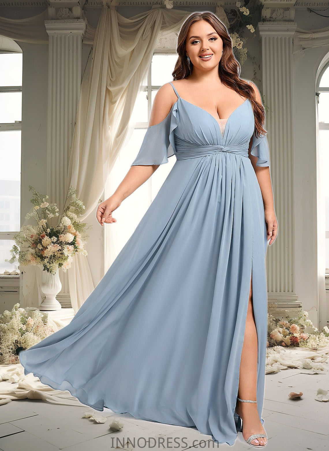 Valeria A-line Cold Shoulder Floor-Length Chiffon Bridesmaid Dress With Ruffle DPP0025797