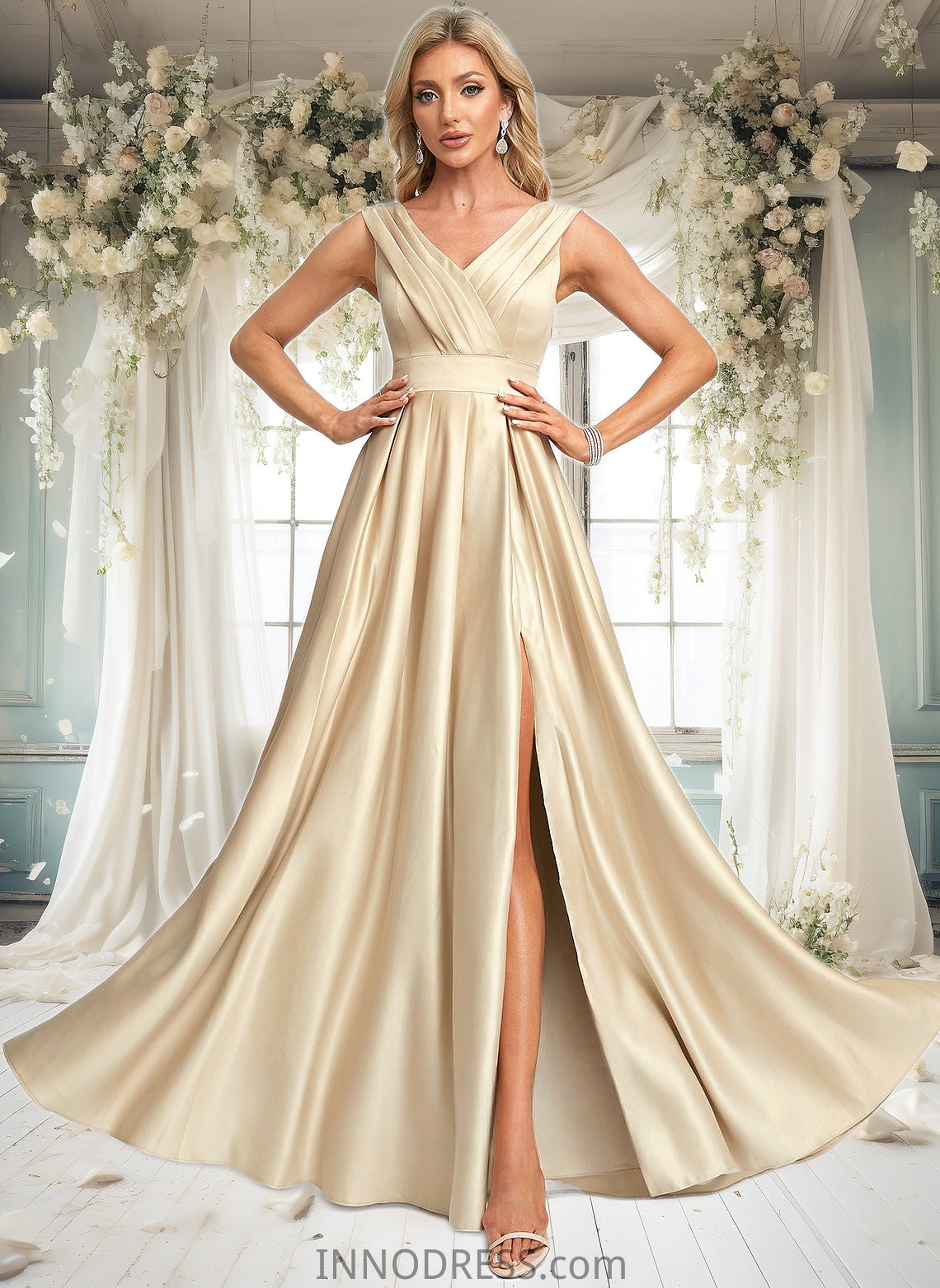 Paula A-line V-Neck Floor-Length Satin Prom Dresses DPP0025877