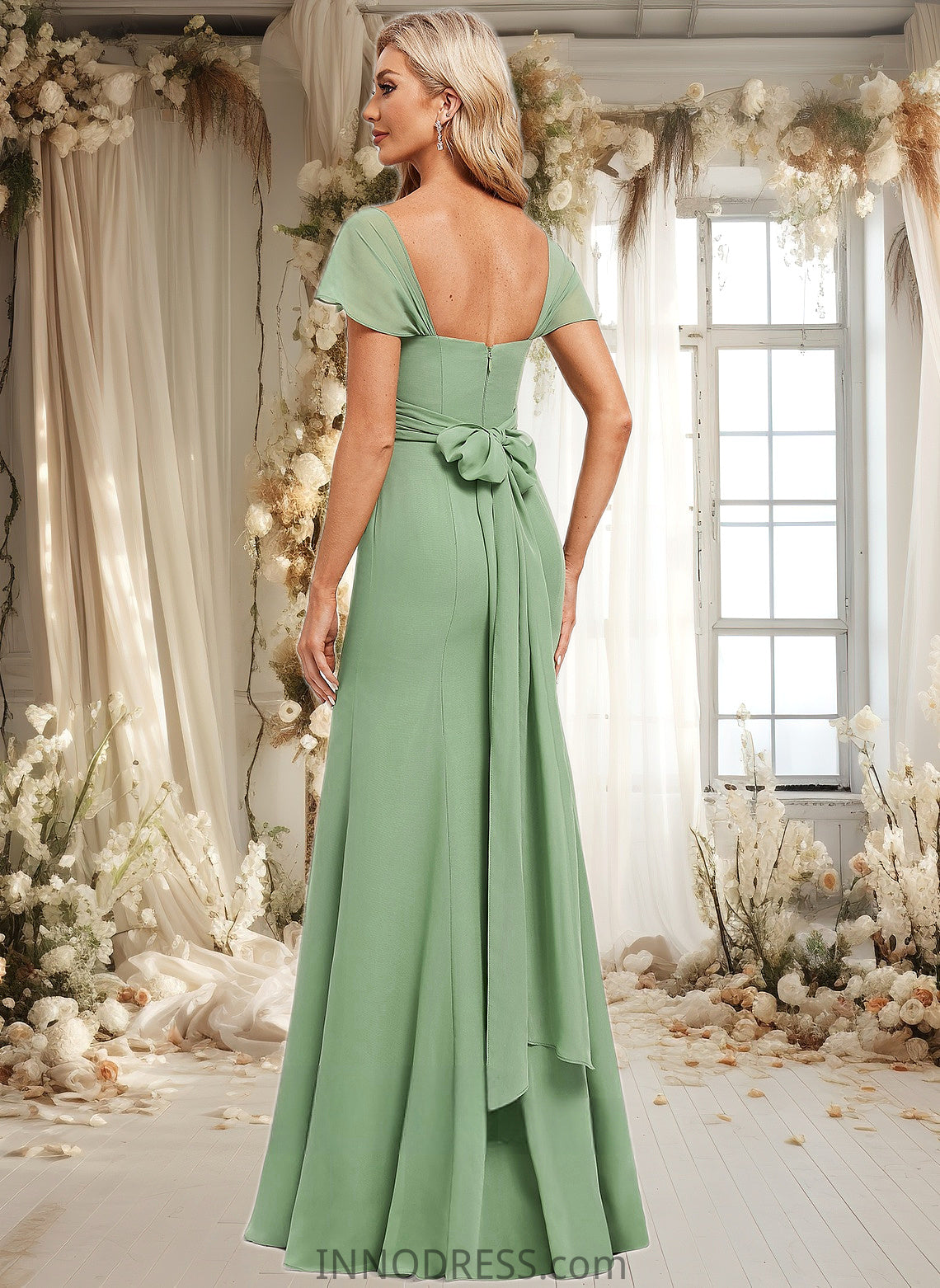 Lesley Trumpet/Mermaid Off the Shoulder V-Neck Floor-Length Chiffon Bridesmaid Dress DPP0025810