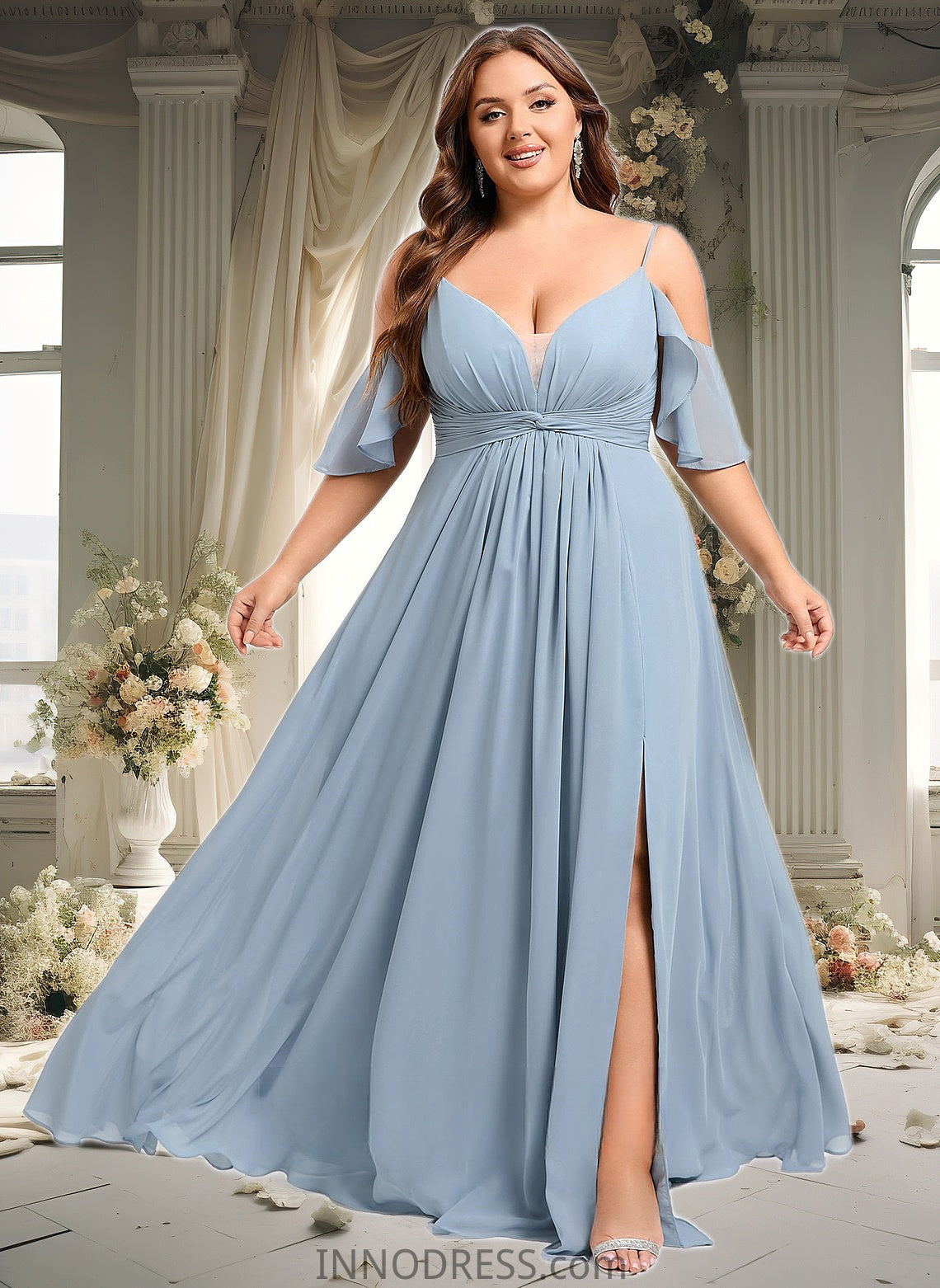 Valeria A-line Cold Shoulder Floor-Length Chiffon Bridesmaid Dress With Ruffle DPP0025797