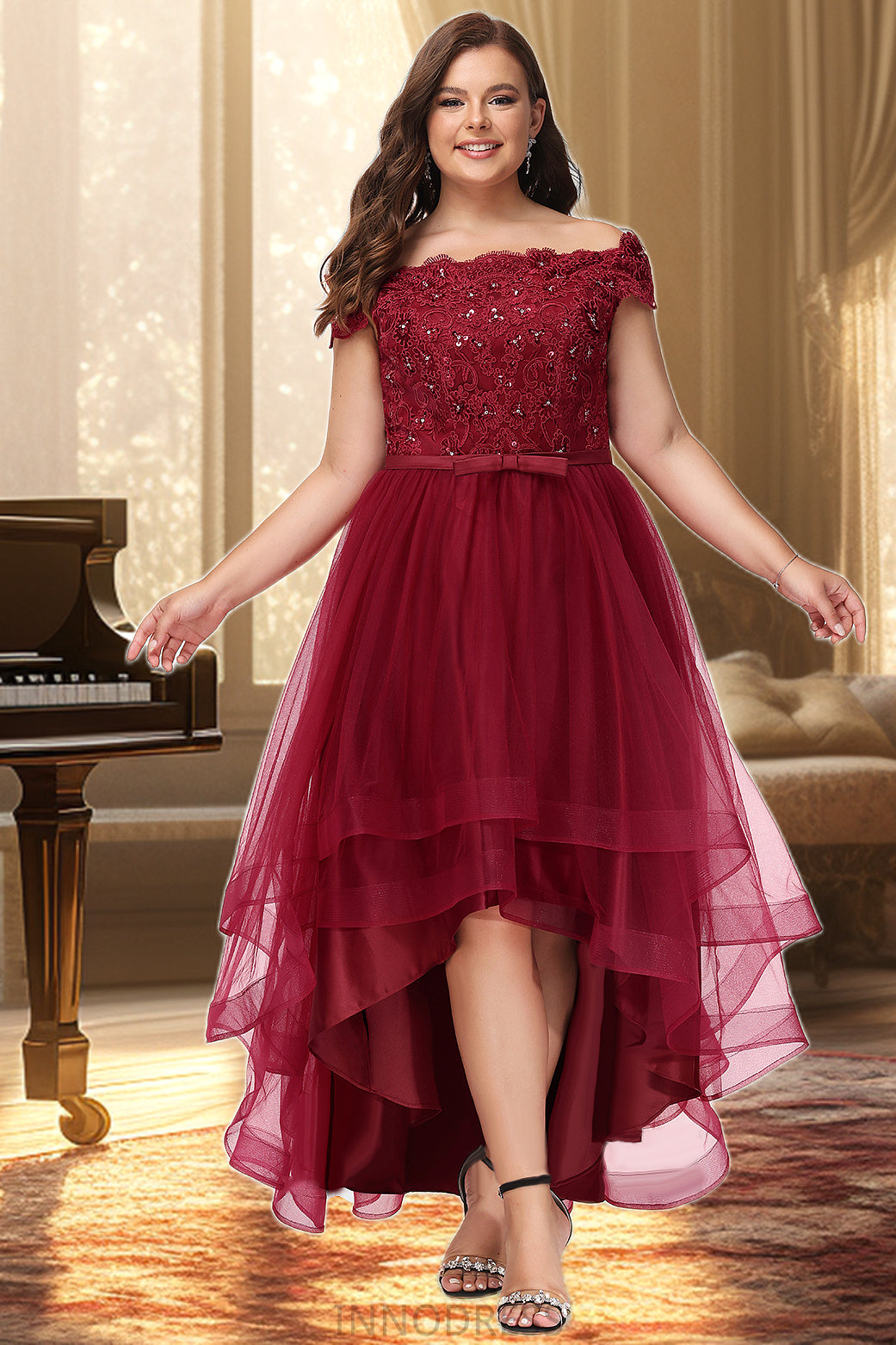 Brynlee A-line Off the Shoulder Asymmetrical Lace Tulle Homecoming Dress With Beading Bow Sequins DPP0020535