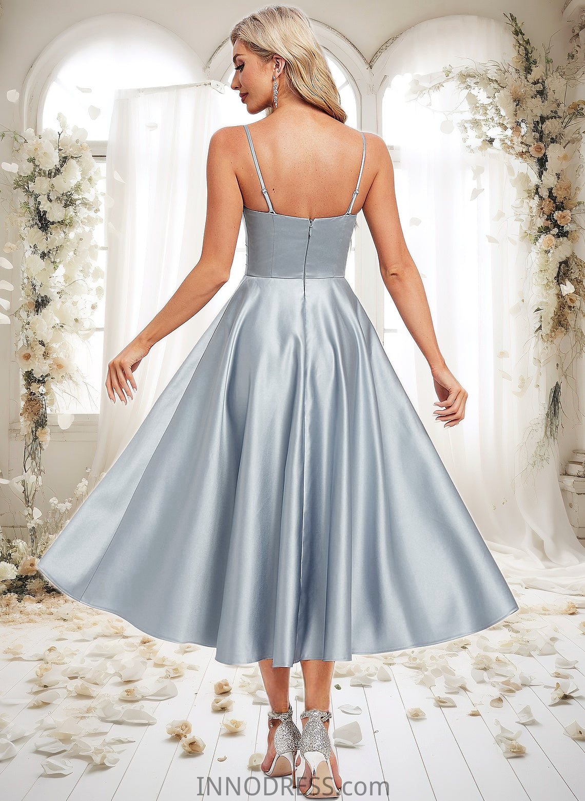 Brenda A-line V-Neck Tea-Length Satin Bridesmaid Dress DPP0025794