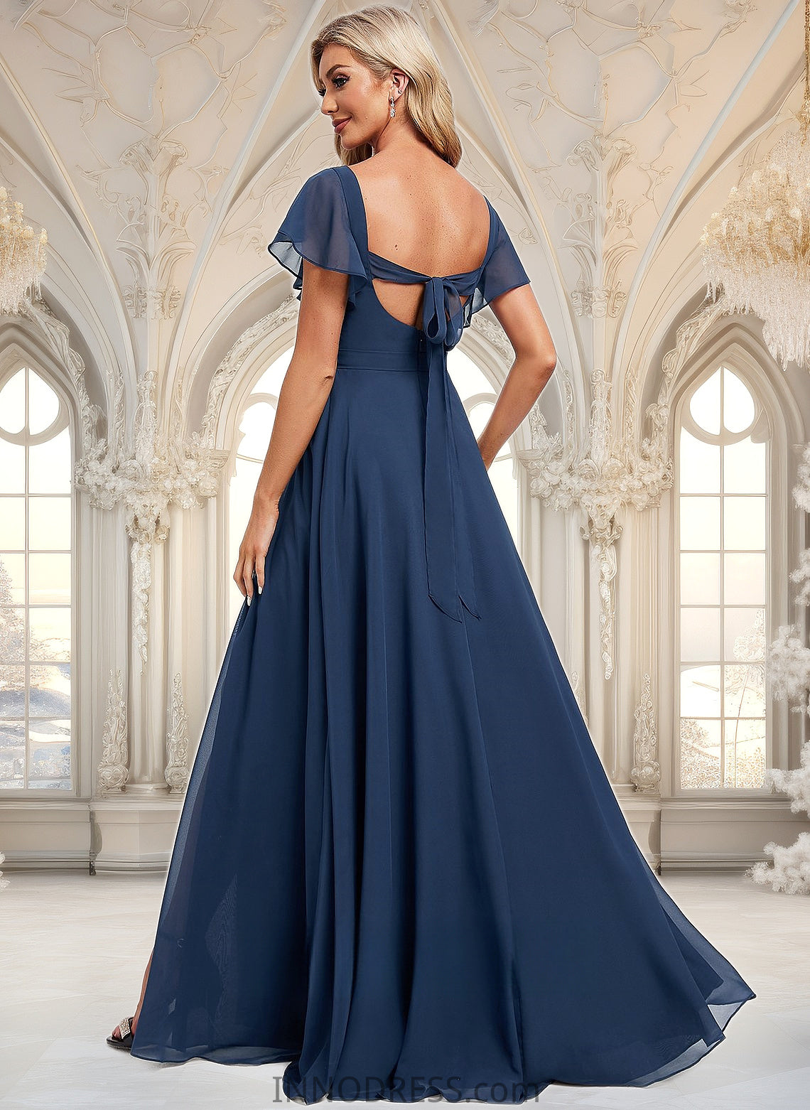 Morgan A-line V-Neck Floor-Length Chiffon Bridesmaid Dress With Ruffle DPP0025802