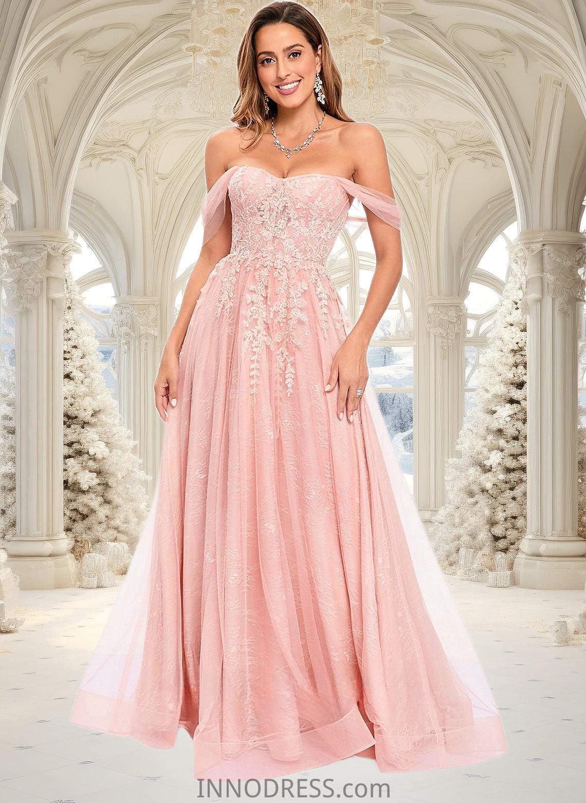 Cailyn A-line Sweetheart Off the Shoulder Floor-Length Tulle Floral Lace Prom Dresses With Appliques Lace DPP0025870