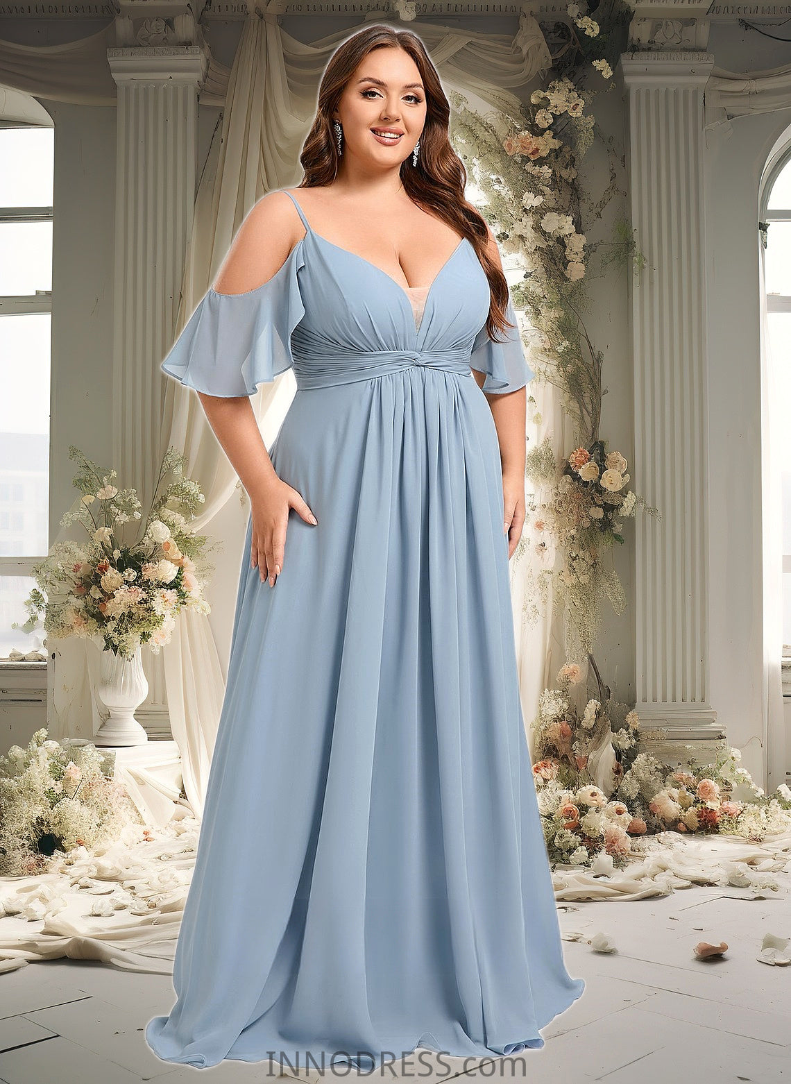 Valeria A-line Cold Shoulder Floor-Length Chiffon Bridesmaid Dress With Ruffle DPP0025797