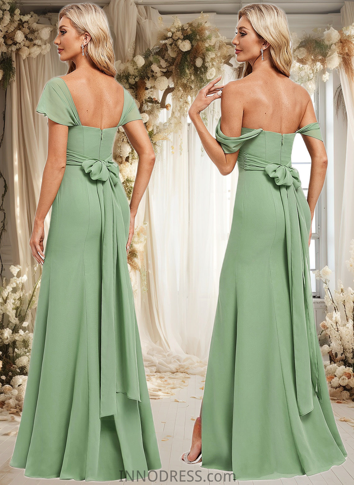 Lesley Trumpet/Mermaid Off the Shoulder V-Neck Floor-Length Chiffon Bridesmaid Dress DPP0025810