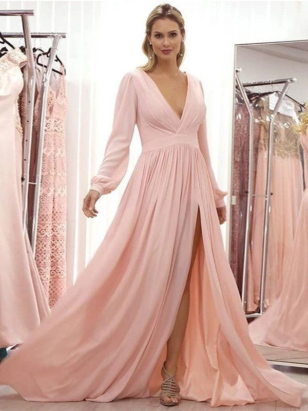 Heidy A-Line/Princess Chiffon Ruffles V-neck Long Sleeves Sweep/Brush Train Mother of the Bride Dresses DPP0020429