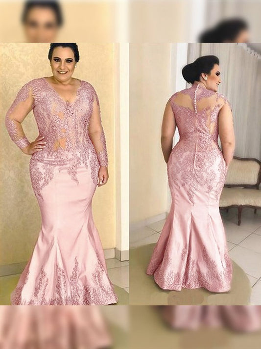 Guadalupe Trumpet/Mermaid Satin Applique V-neck Long Sleeves Floor-Length Mother of the Bride Dresses DPP0020445