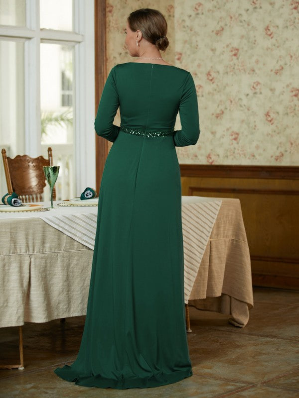 Janice A-Line/Princess Jersey Beading V-neck Long Sleeves Sweep/Brush Train Mother of the Bride Dresses DPP0020357