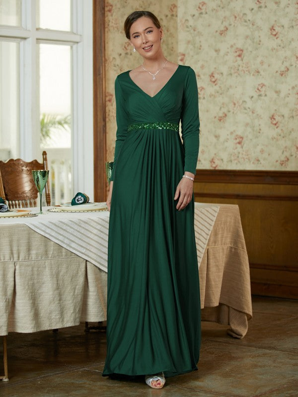 Janice A-Line/Princess Jersey Beading V-neck Long Sleeves Sweep/Brush Train Mother of the Bride Dresses DPP0020357