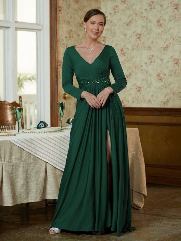 Janice A-Line/Princess Jersey Beading V-neck Long Sleeves Sweep/Brush Train Mother of the Bride Dresses DPP0020357