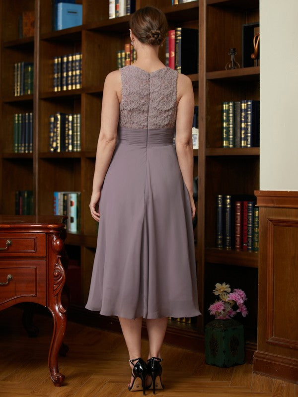 Harper A-Line/Princess Chiffon Lace Scoop Sleeveless Tea-Length Mother of the Bride Dresses DPP0020366