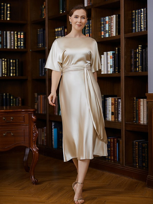 Scarlett Sheath/Column Elastic Woven Satin Ruched Scoop Short Sleeves Tea-Length Mother of the Bride Dresses DPP0020242